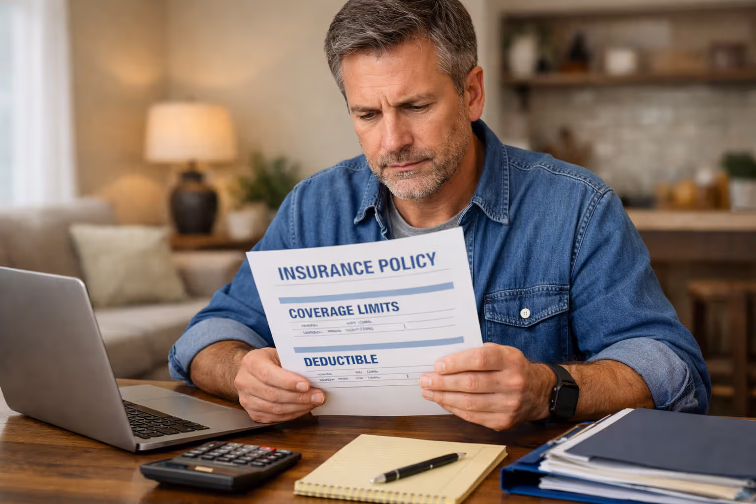 Homeowner reviewing insurance policy limits and deductible at a desk