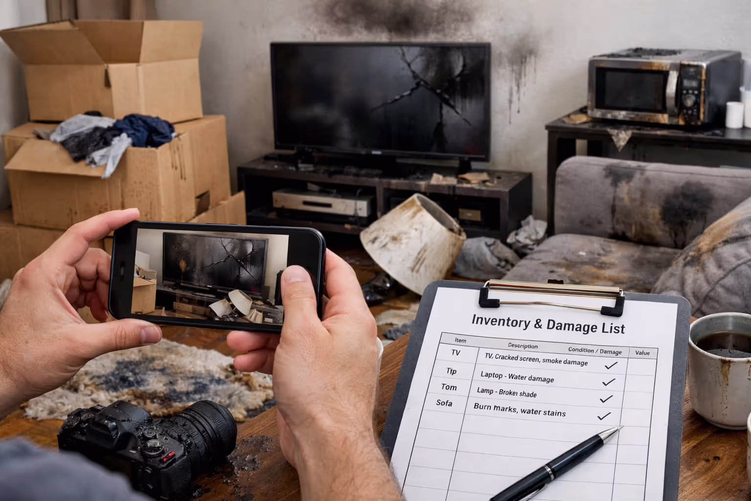 Homeowner documenting damaged personal property for an insurance claim