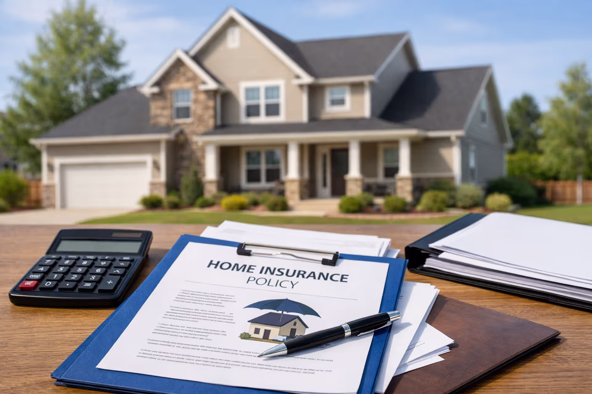 Homeowners insurance policy documents with a suburban house in the background