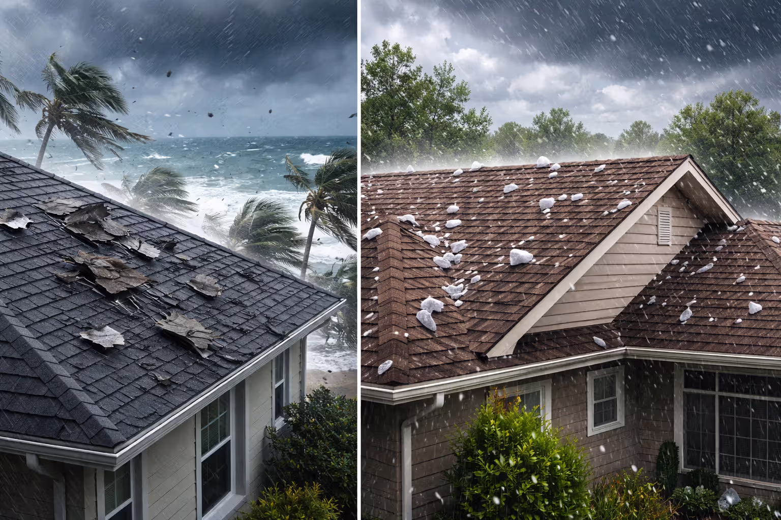 Two homes illustrating different roof risk environments such as coastal wind and inland hail