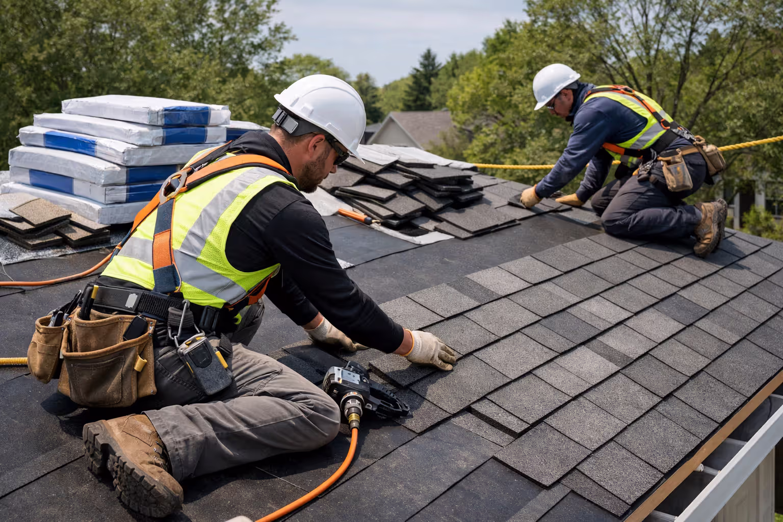 Roofers installing impact-resistant shingles on a residential roof