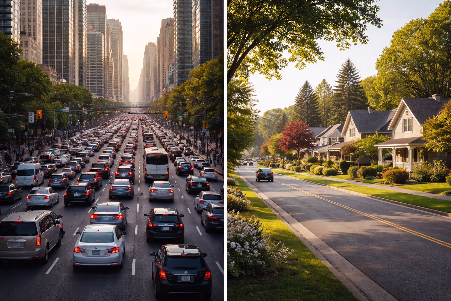 Urban traffic compared with a quiet suburban street to show location-based insurance differences