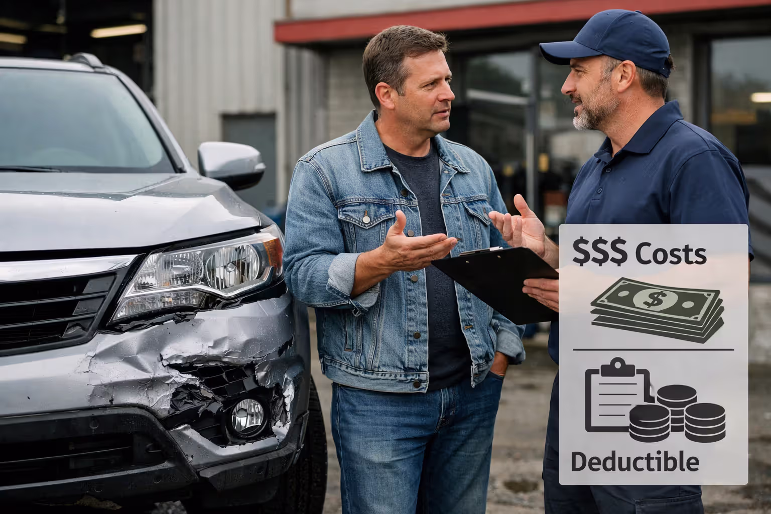 Car owner reviewing repair costs after an accident to illustrate insurance deductible