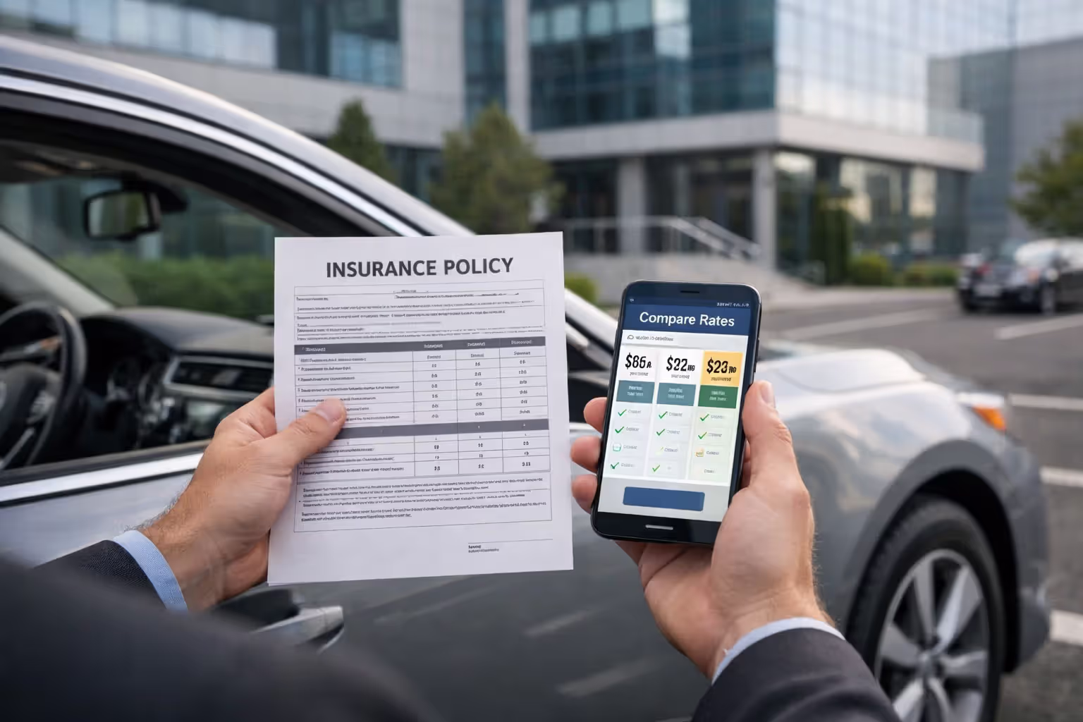 Driver documenting car damage for an insurance claim