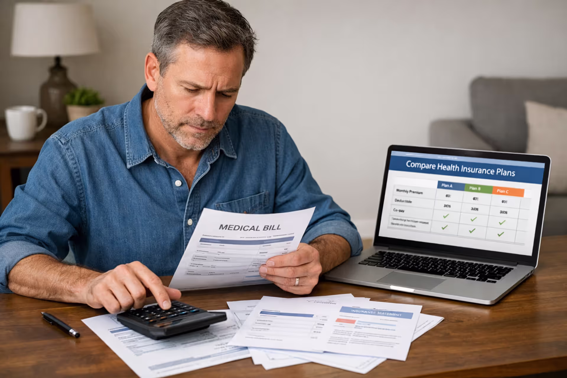 Person reviewing health insurance bills and plan options at home