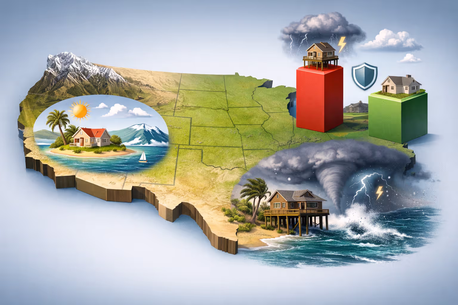 US homes in different risk zones illustrating insurance cost differences