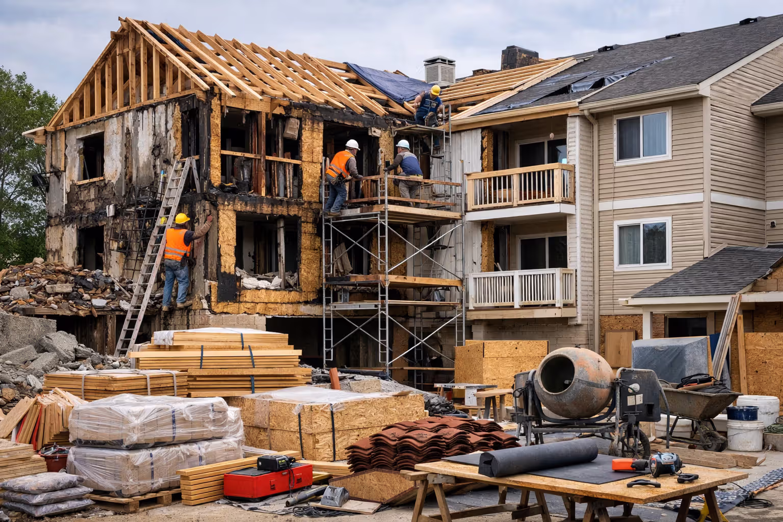 Home reconstruction site showing repair costs and building materials