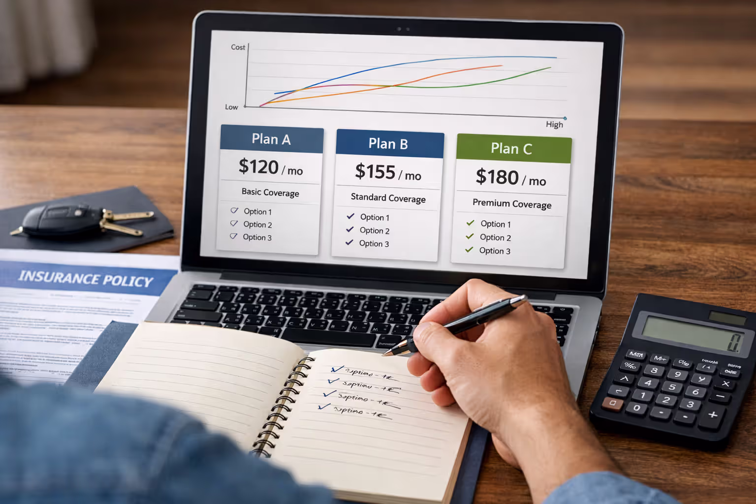 Comparing car insurance quotes from multiple providers on a laptop