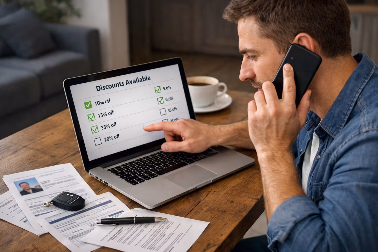 Driver asking insurer about available car insurance discounts