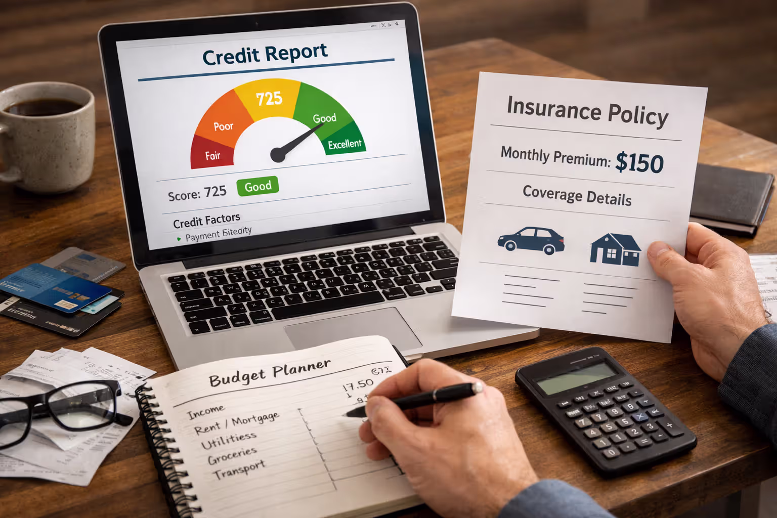 Person reviewing credit report and insurance expenses on a laptop