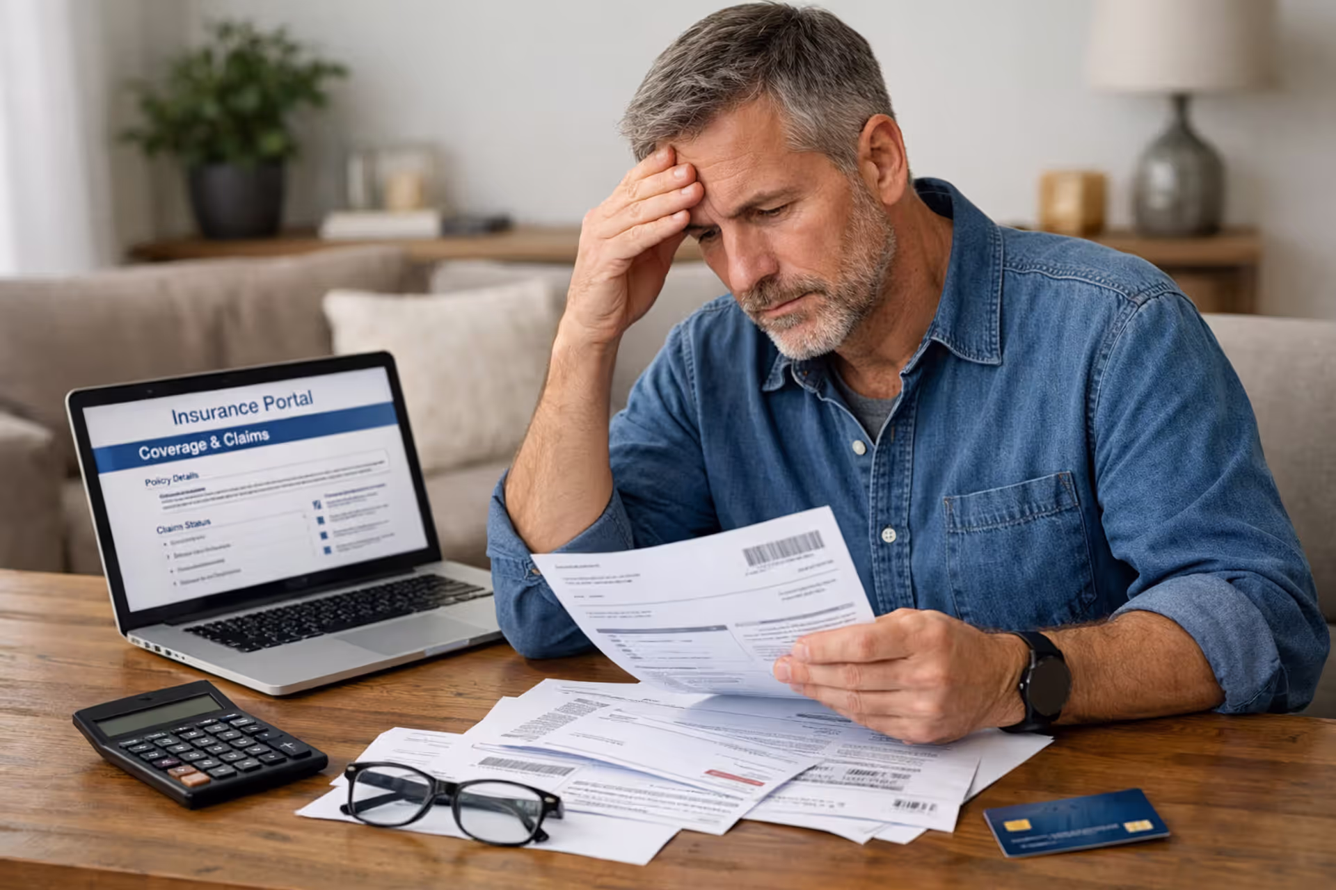 Person reviewing medical bills and health insurance costs at home