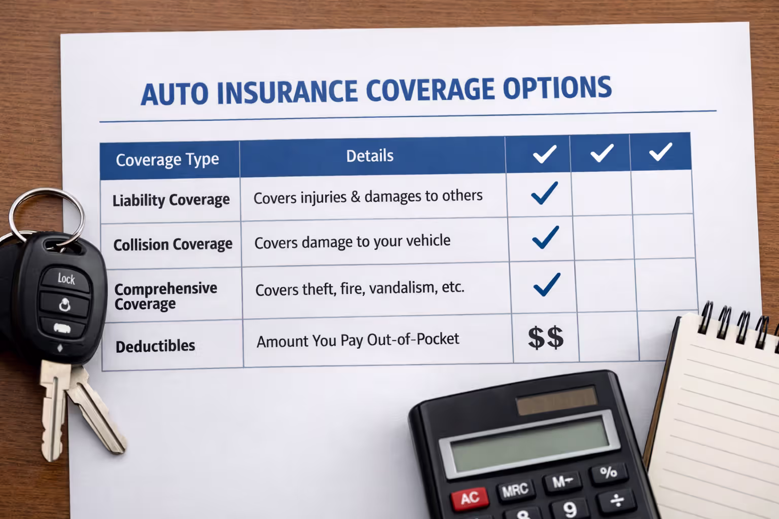 Car insurance policy details with coverage options and deductible comparison