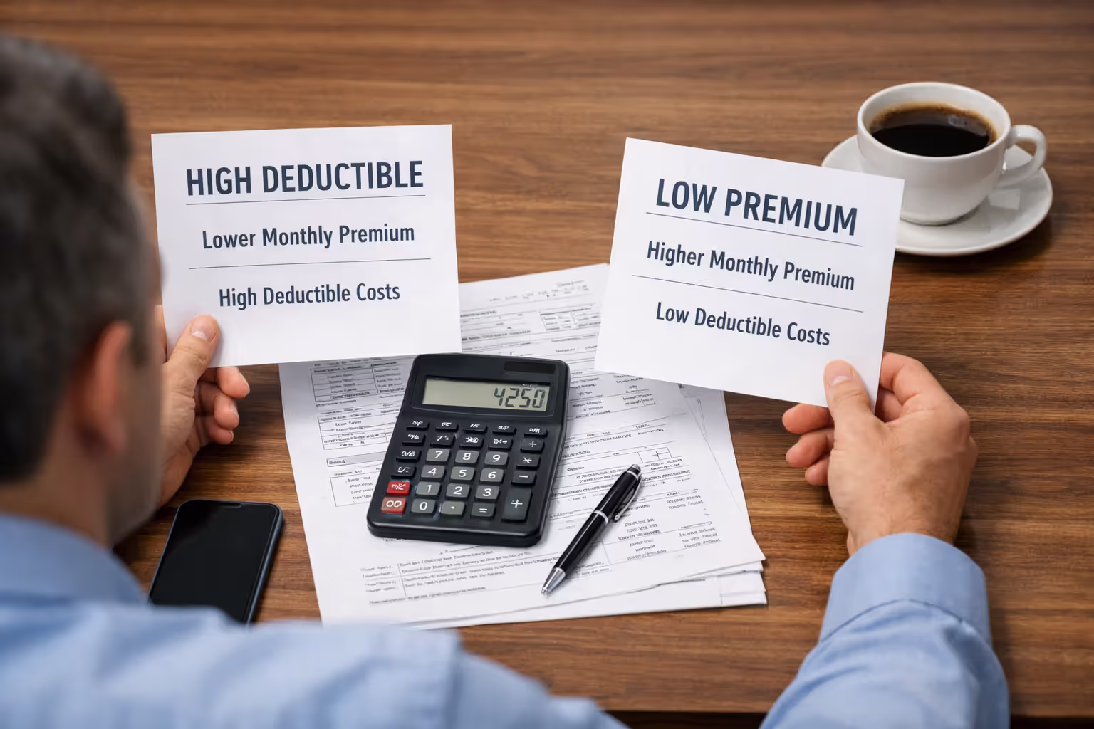 Person comparing deductible and premium costs with calculator and documents