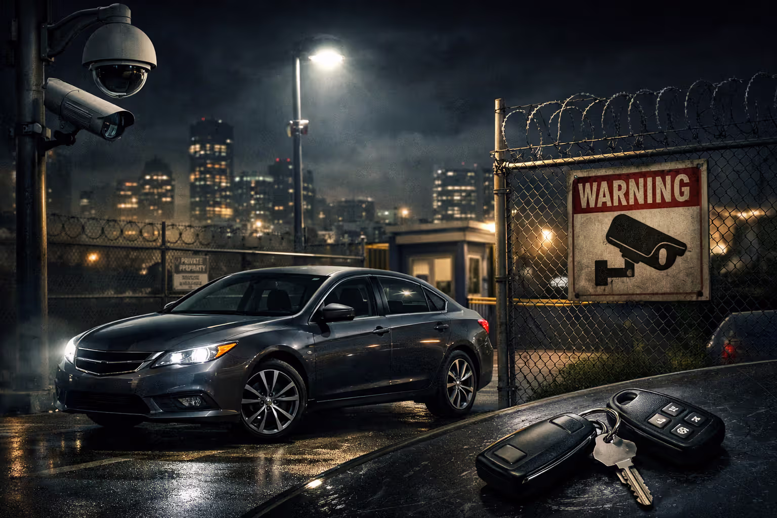 Parked car in a monitored urban area illustrating theft risk and insurance cost