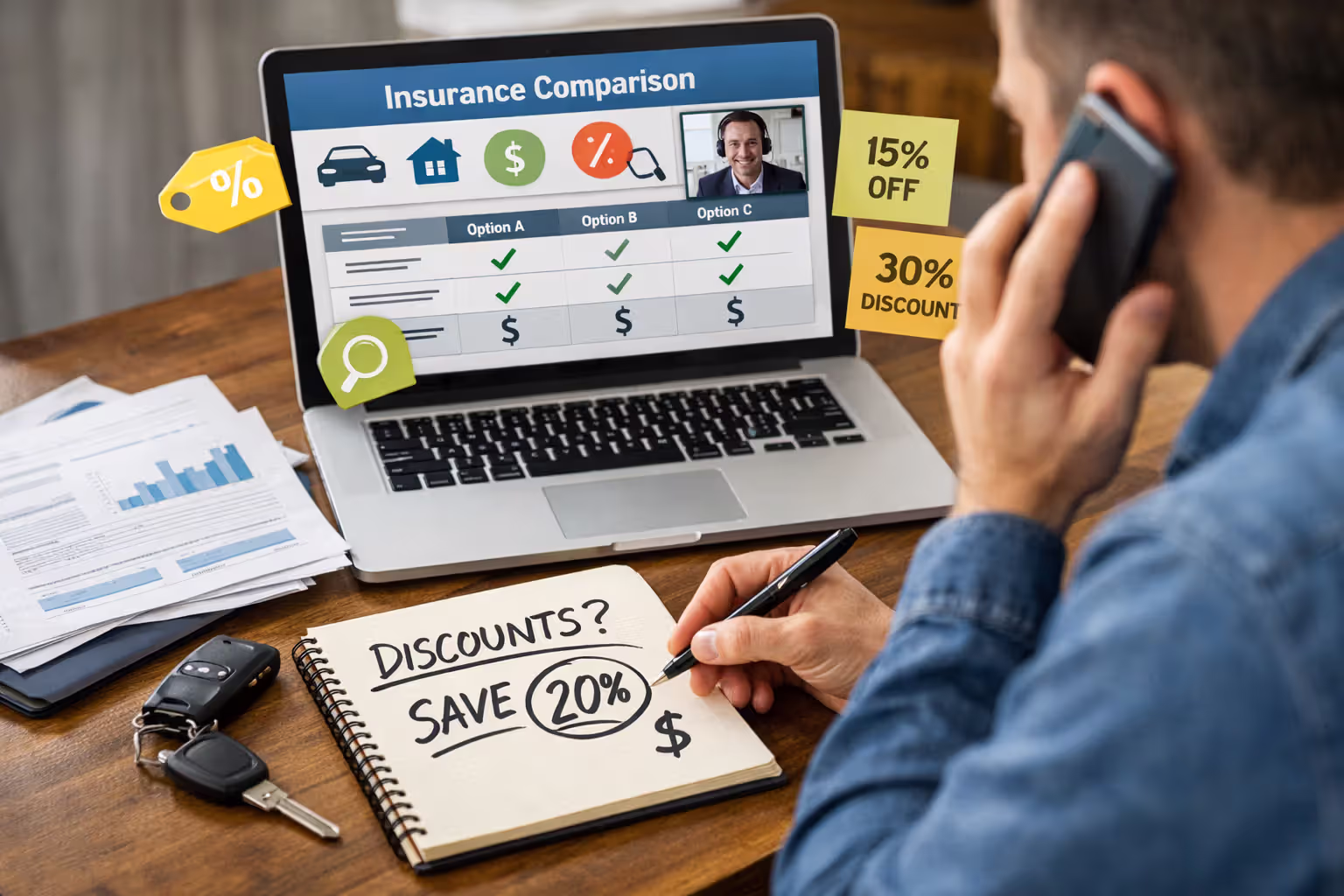 Person discussing car insurance discounts while reviewing quotes at a desk
