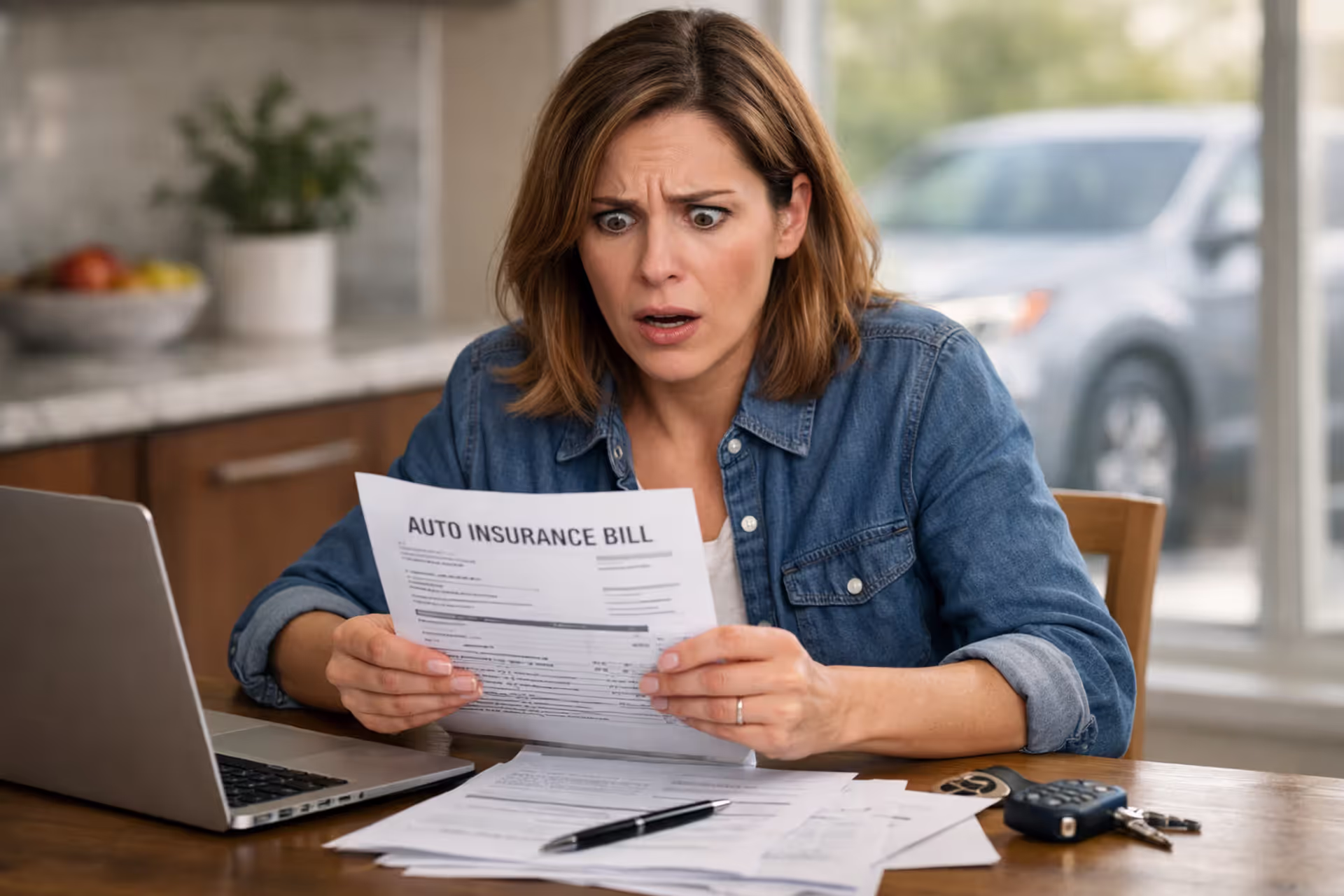 Person looking worried while reviewing a car insurance bill at home