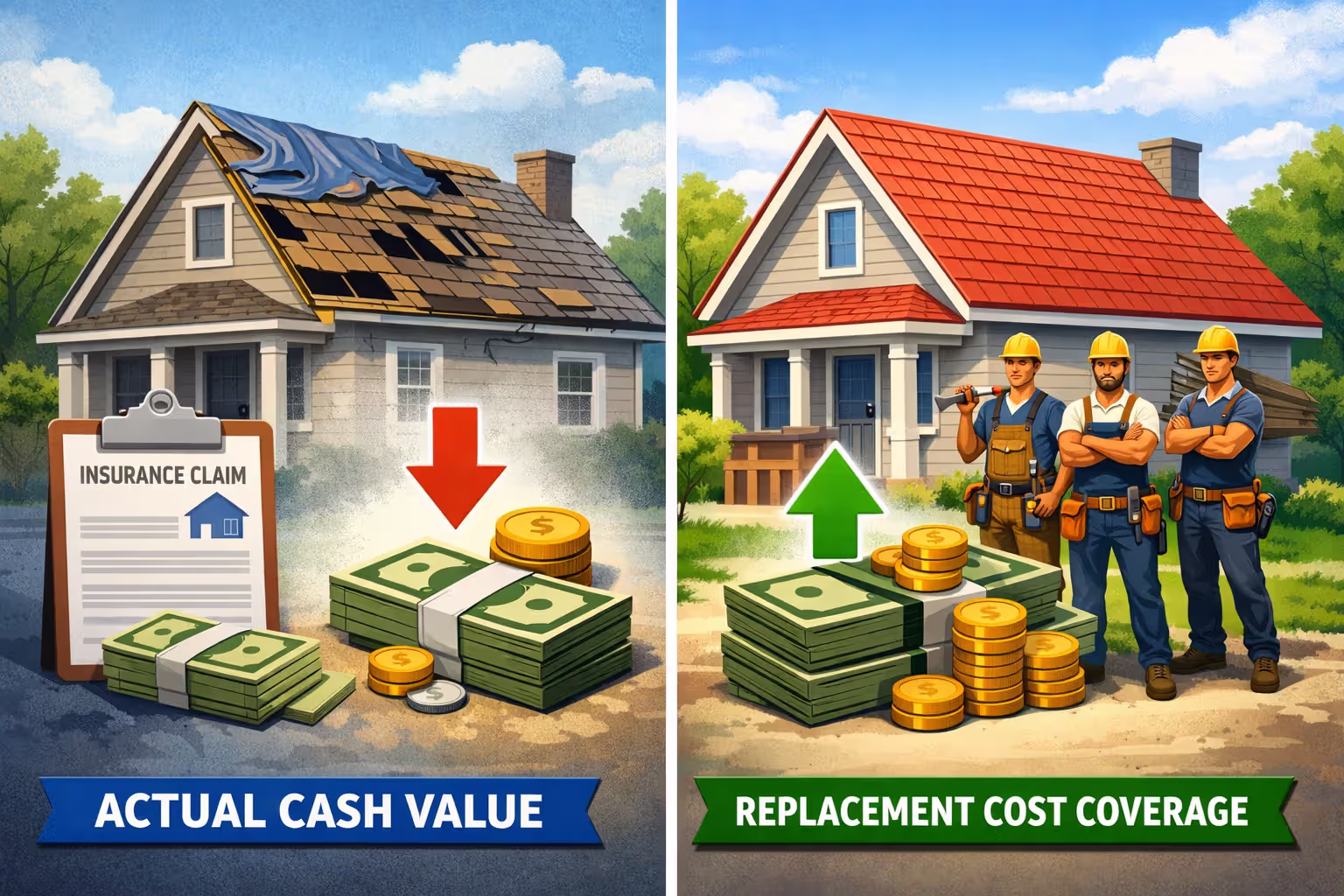 Comparison of actual cash value and replacement cost coverage for roof damage