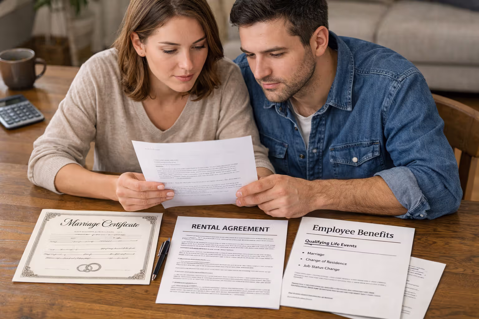 Couple reviewing documents related to qualifying life events for insurance changes