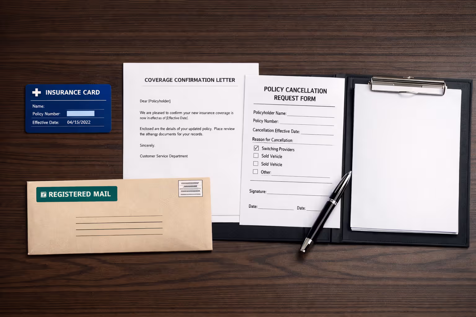 Health insurance cancellation paperwork and supporting documents on a desk
