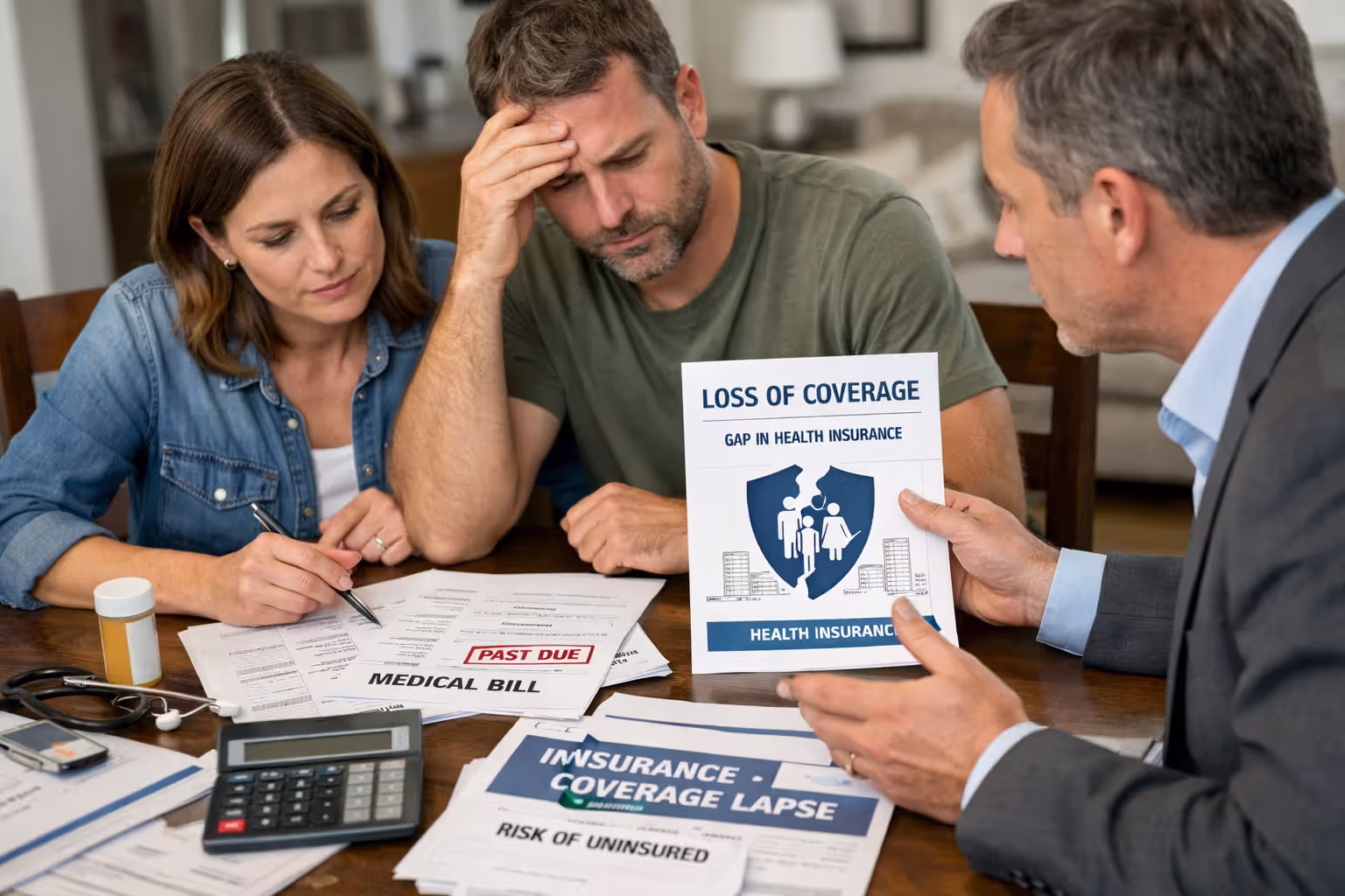 Family reviewing medical bills and insurance costs after coverage decision