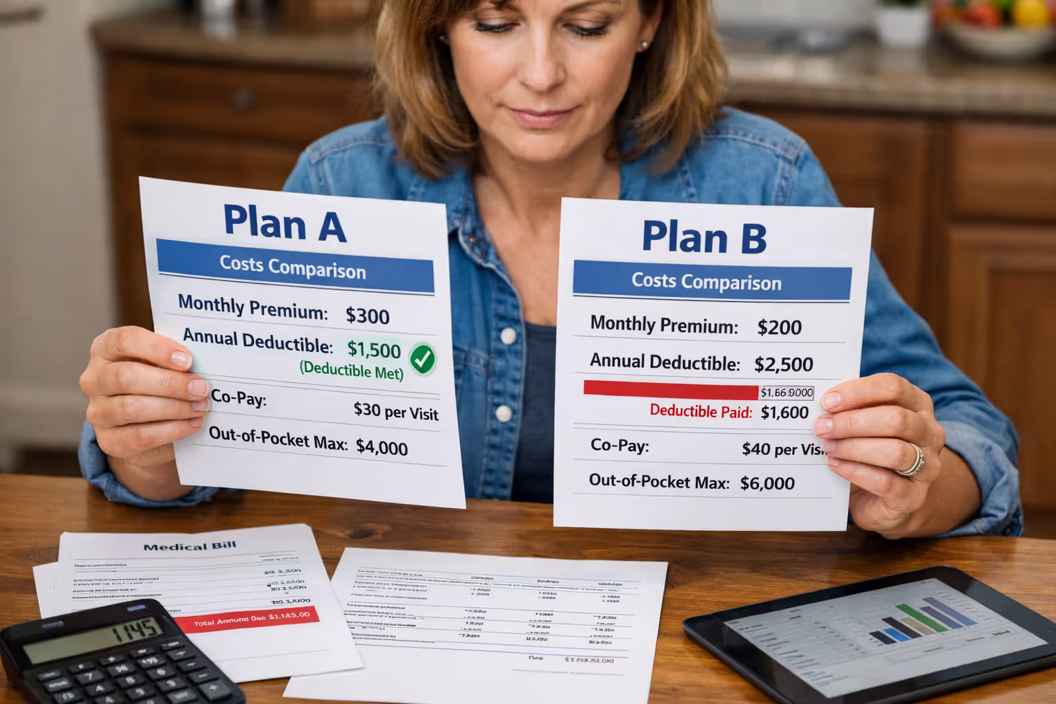 Woman comparing insurance costs after meeting deductible