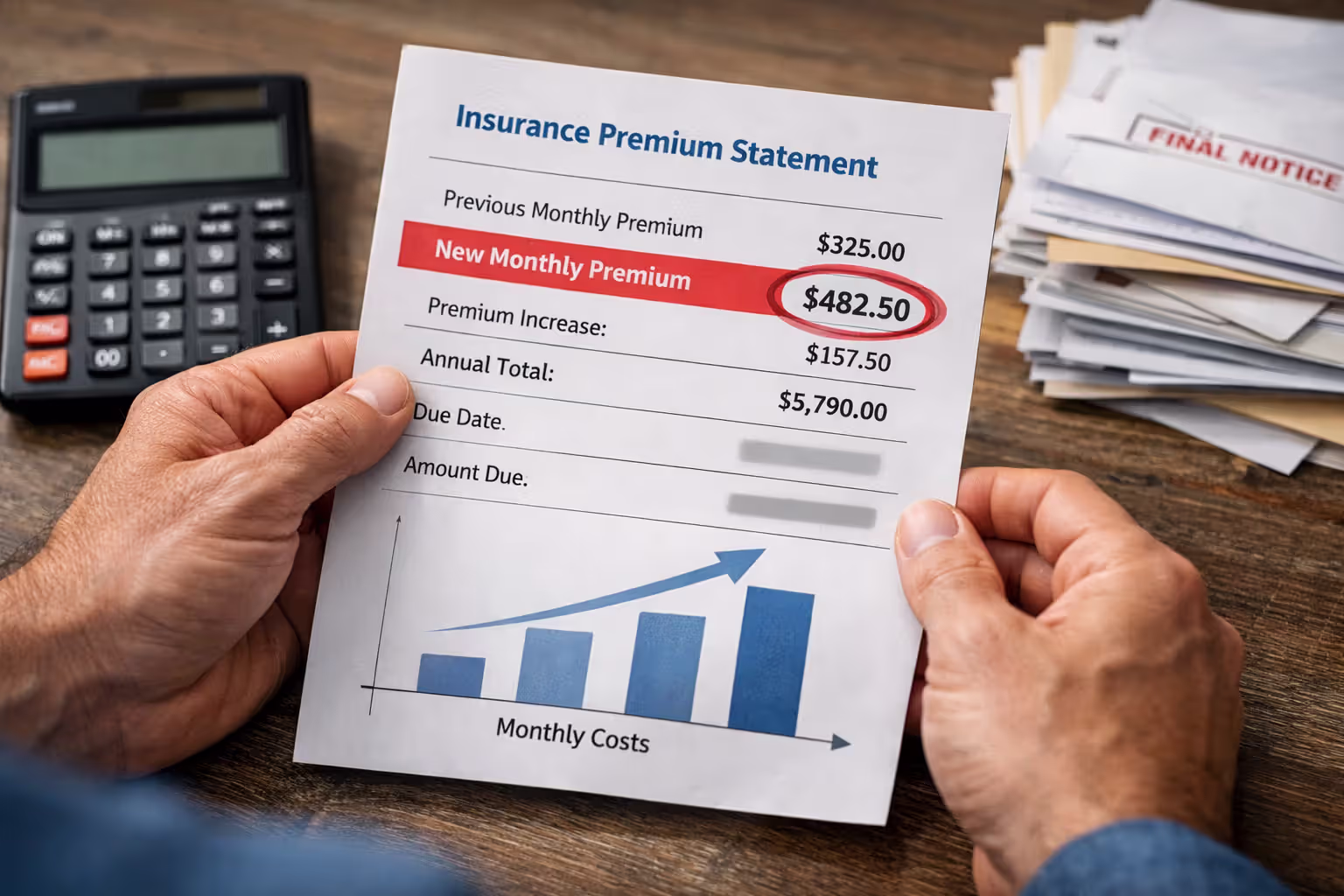 Close-up of insurance premium bills and cost calculation