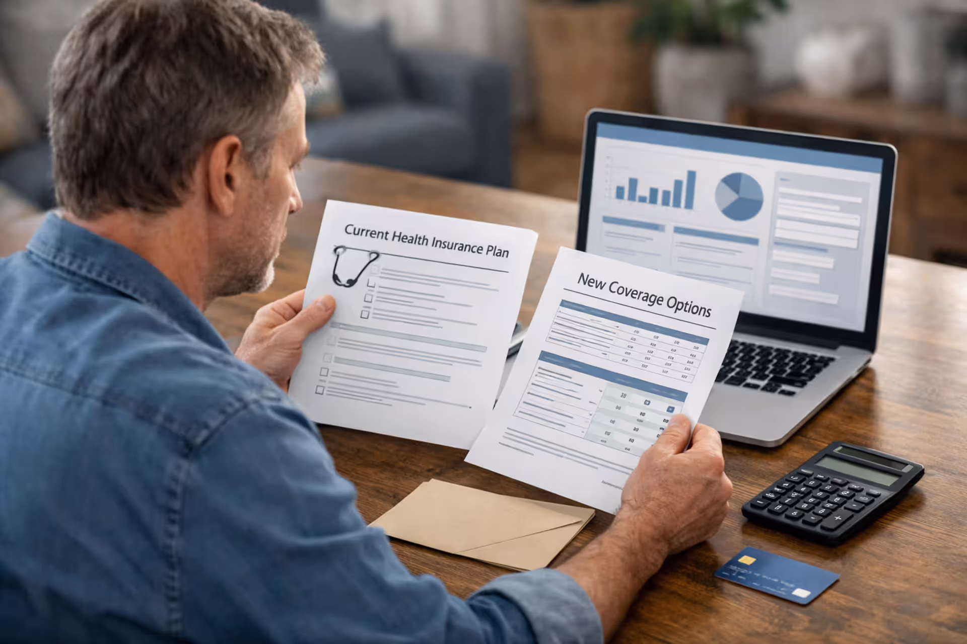 Person reviewing health insurance paperwork at home