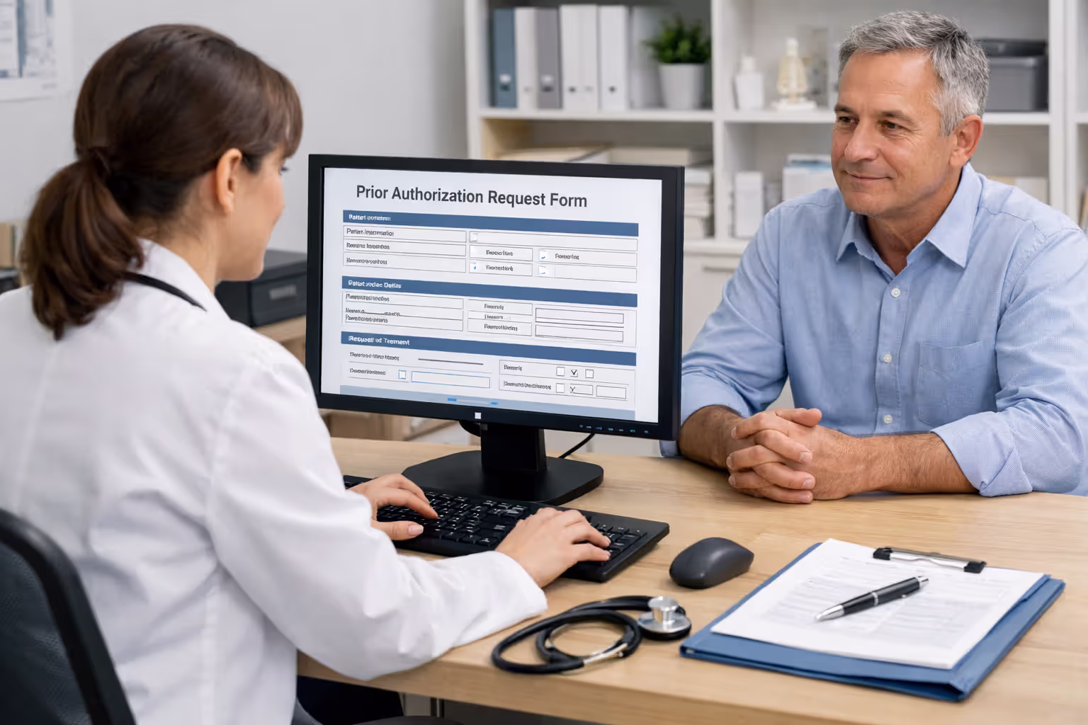 Doctor submitting a prior authorization request while patient waits in the office