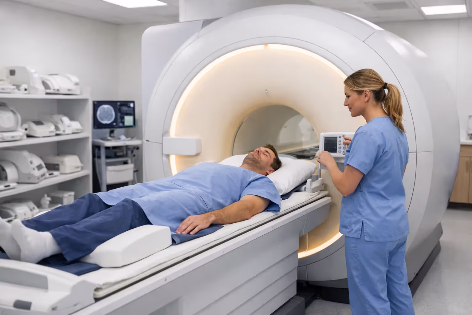 Patient preparing for an MRI scan in a diagnostic imaging center