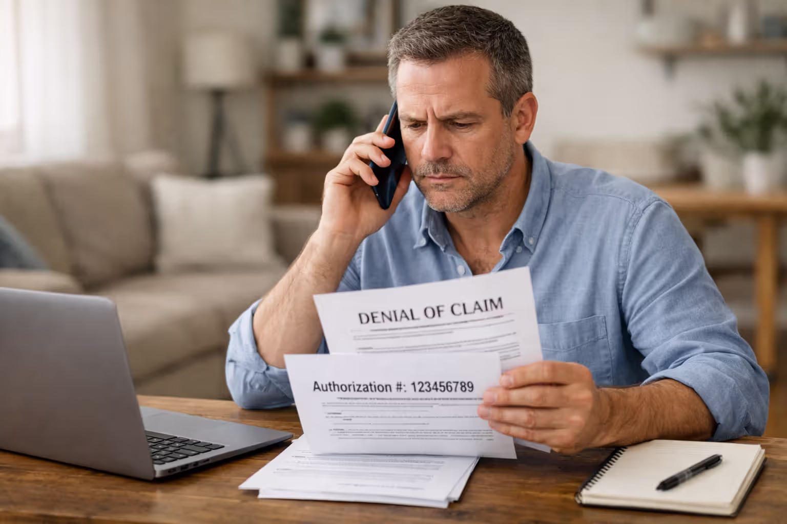Patient calling health insurer to resolve a denied claim after prior authorization