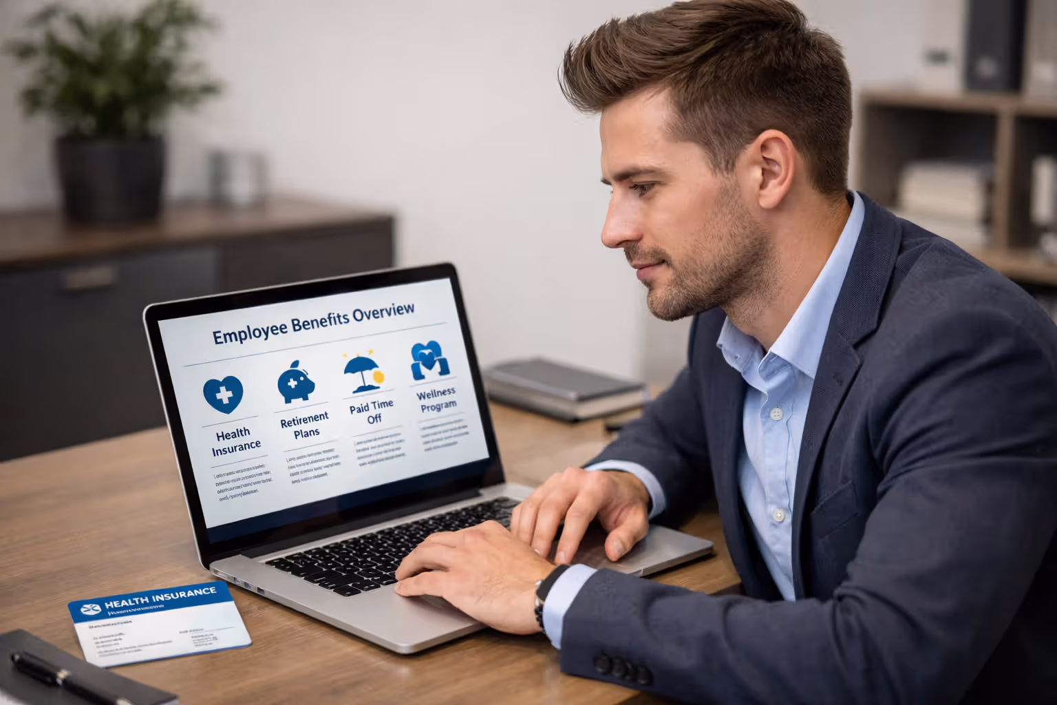 Young employee reviewing employer health insurance options