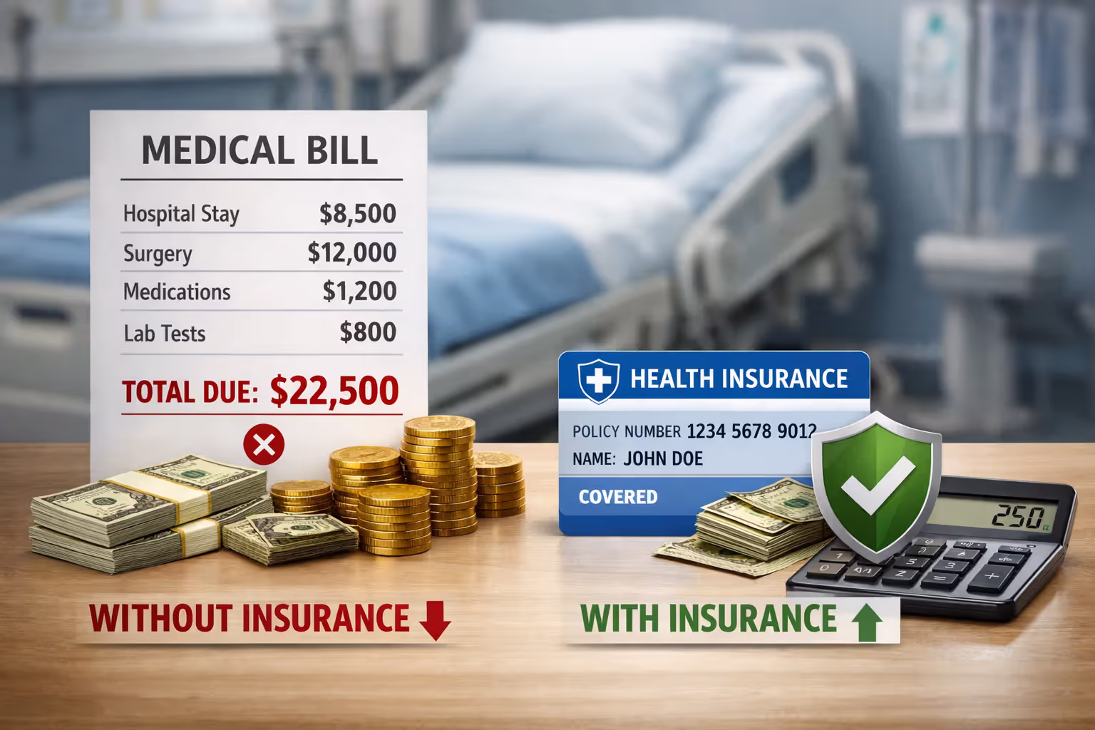 Medical bills, insurance card, and hospital setting illustrating financial protection