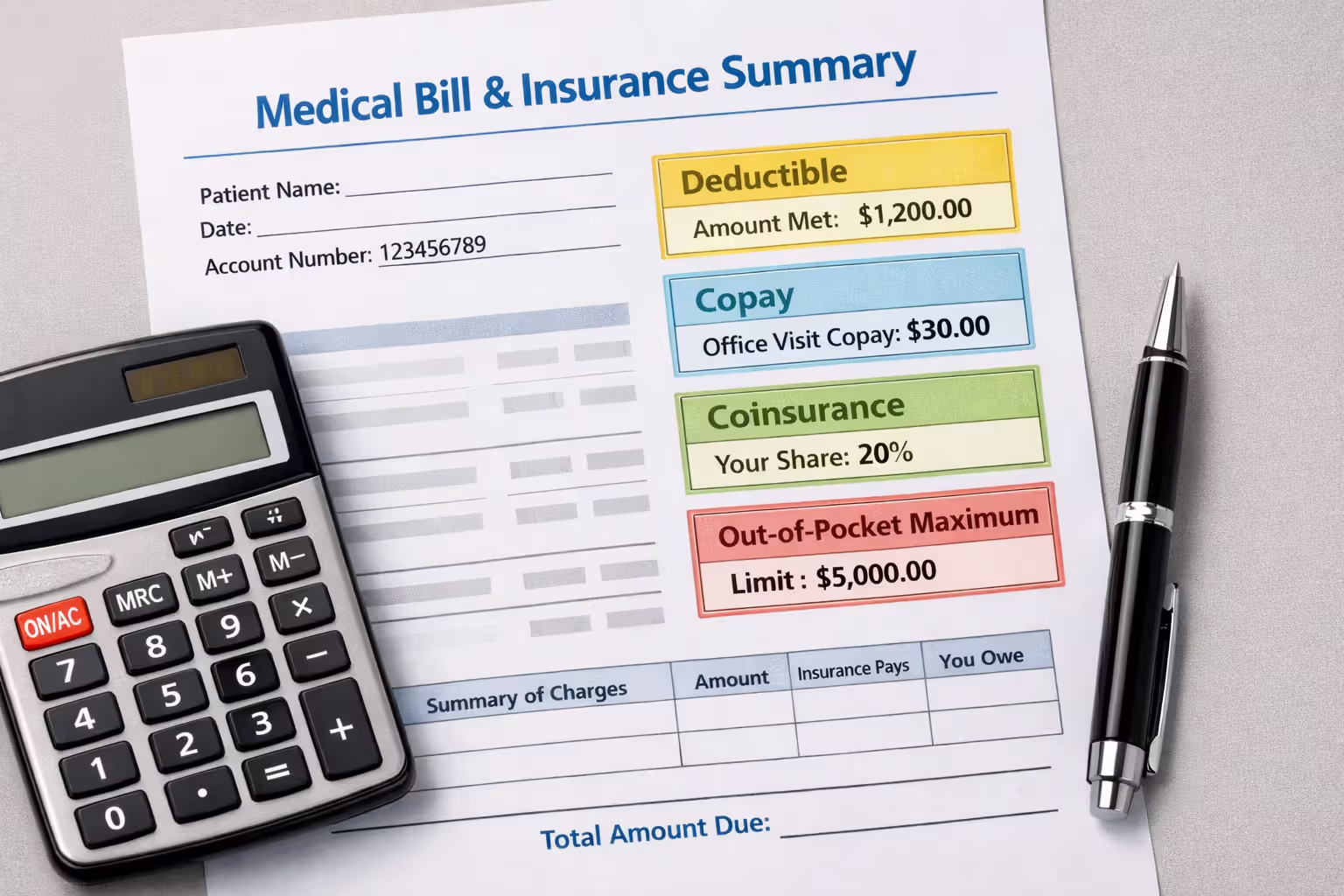 Insurance cost breakdown with deductible, copay, coinsurance, and out-of-pocket maximum