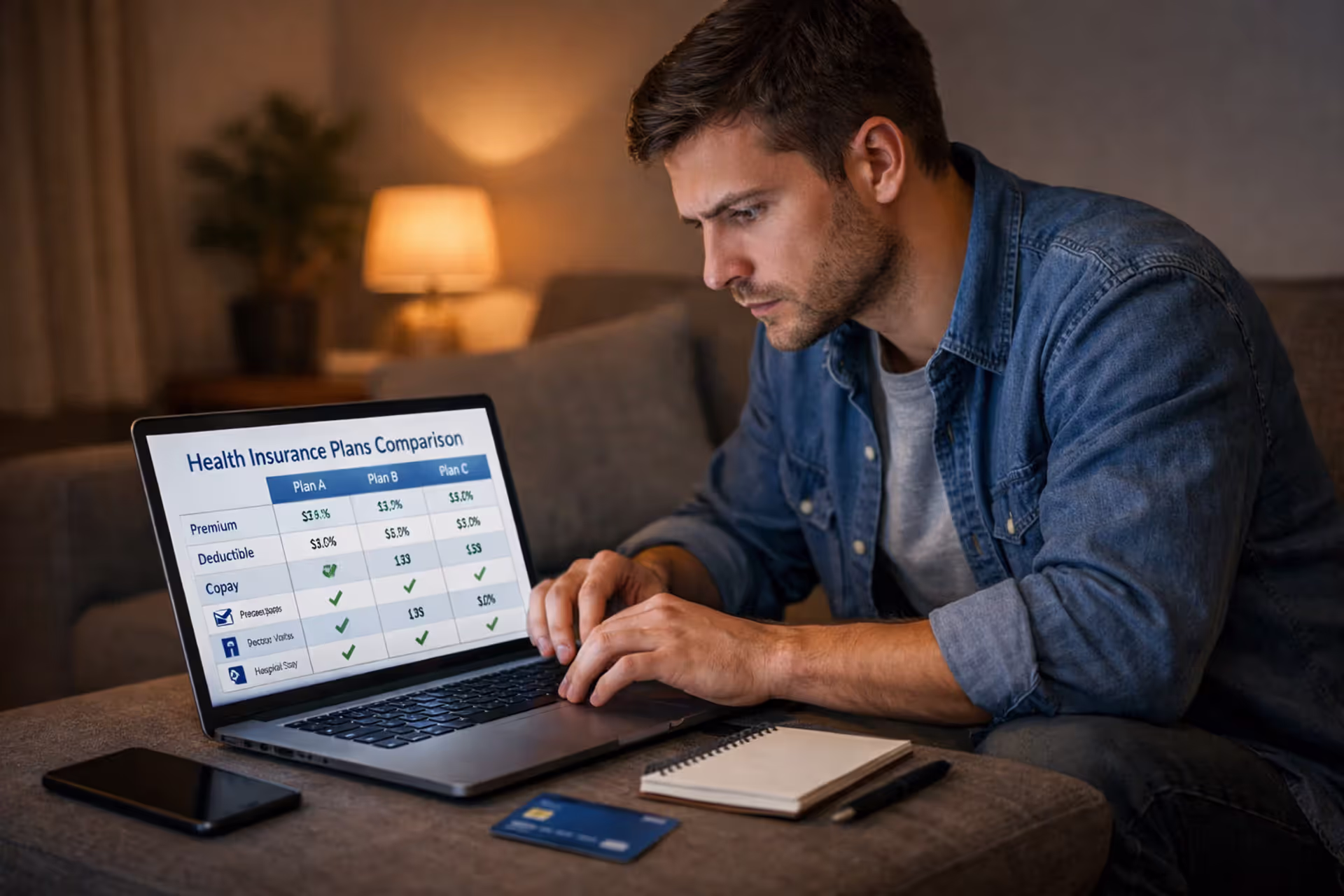 Young adult comparing health insurance plans on a laptop at home