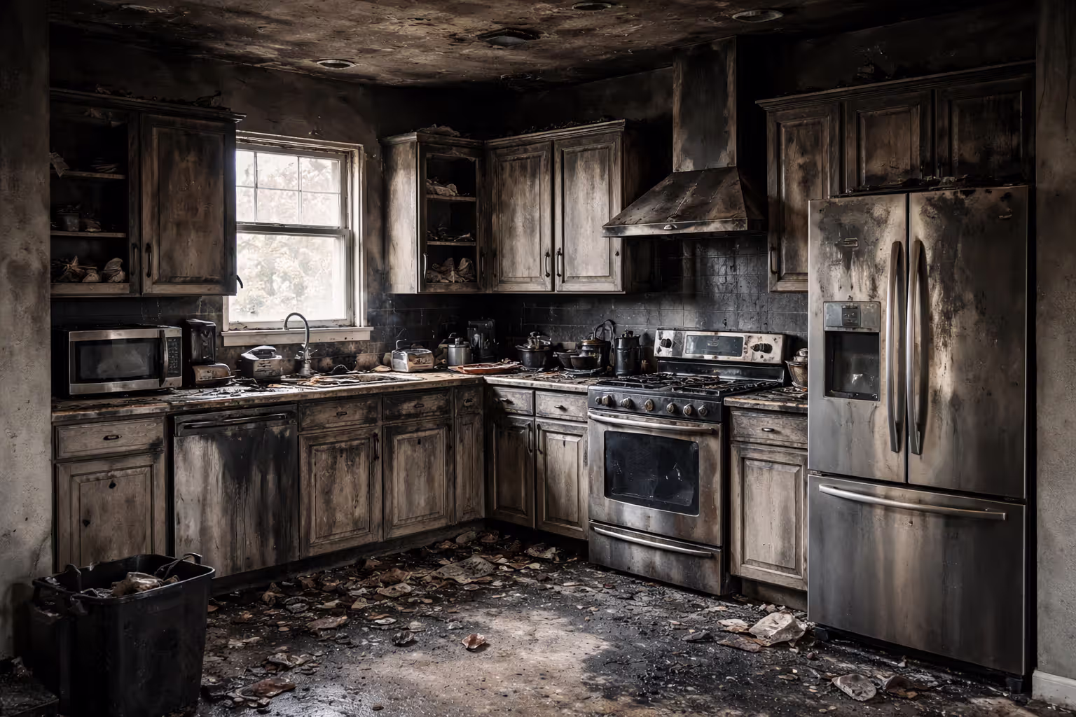 Fire-damaged kitchen interior in a private home