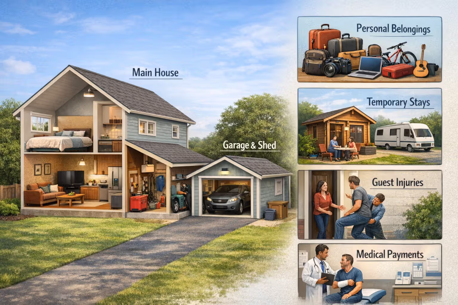 Illustration of home insurance coverage categories for a house and property