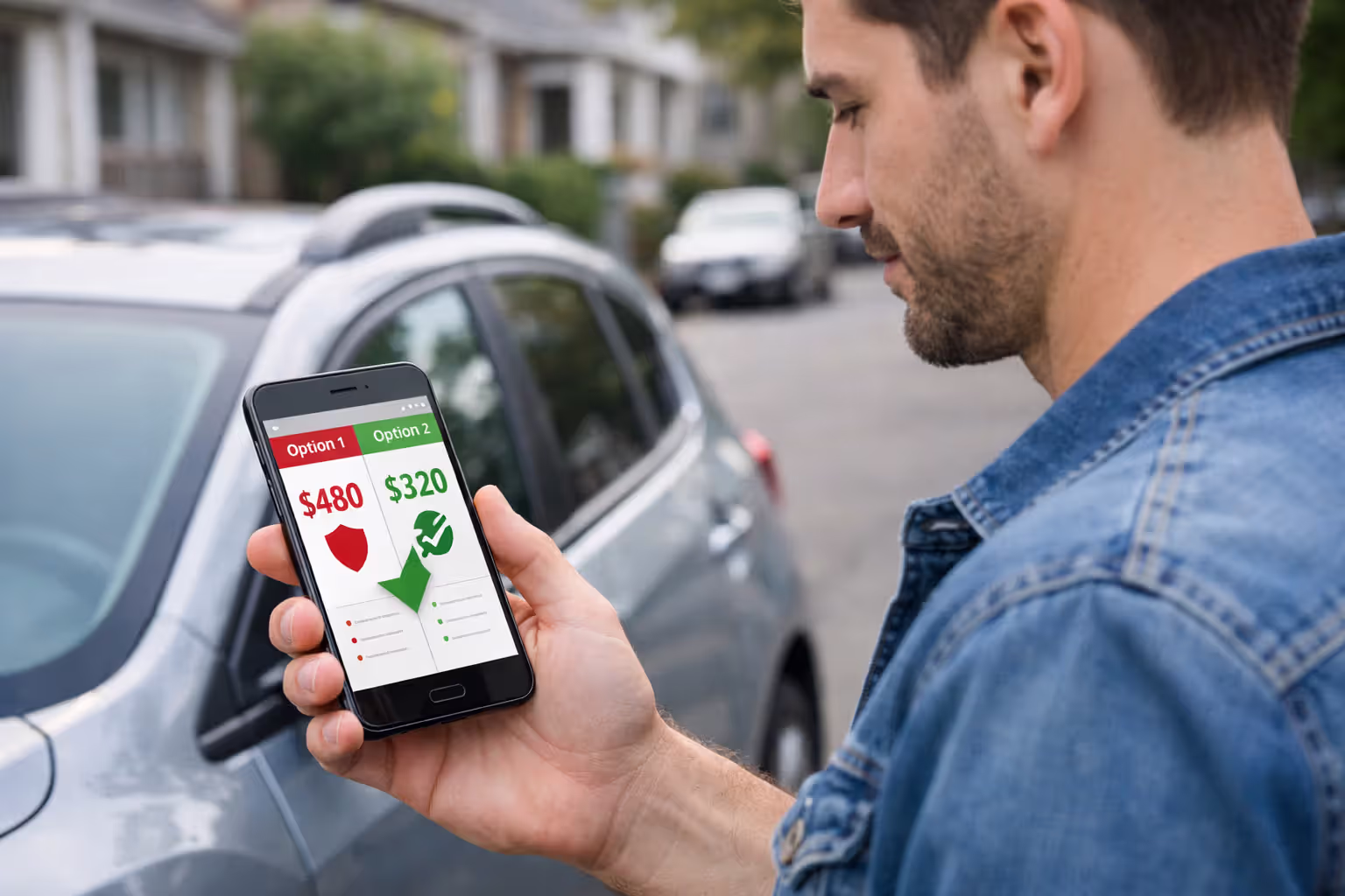 Person comparing two car insurance quotes beside a parked car