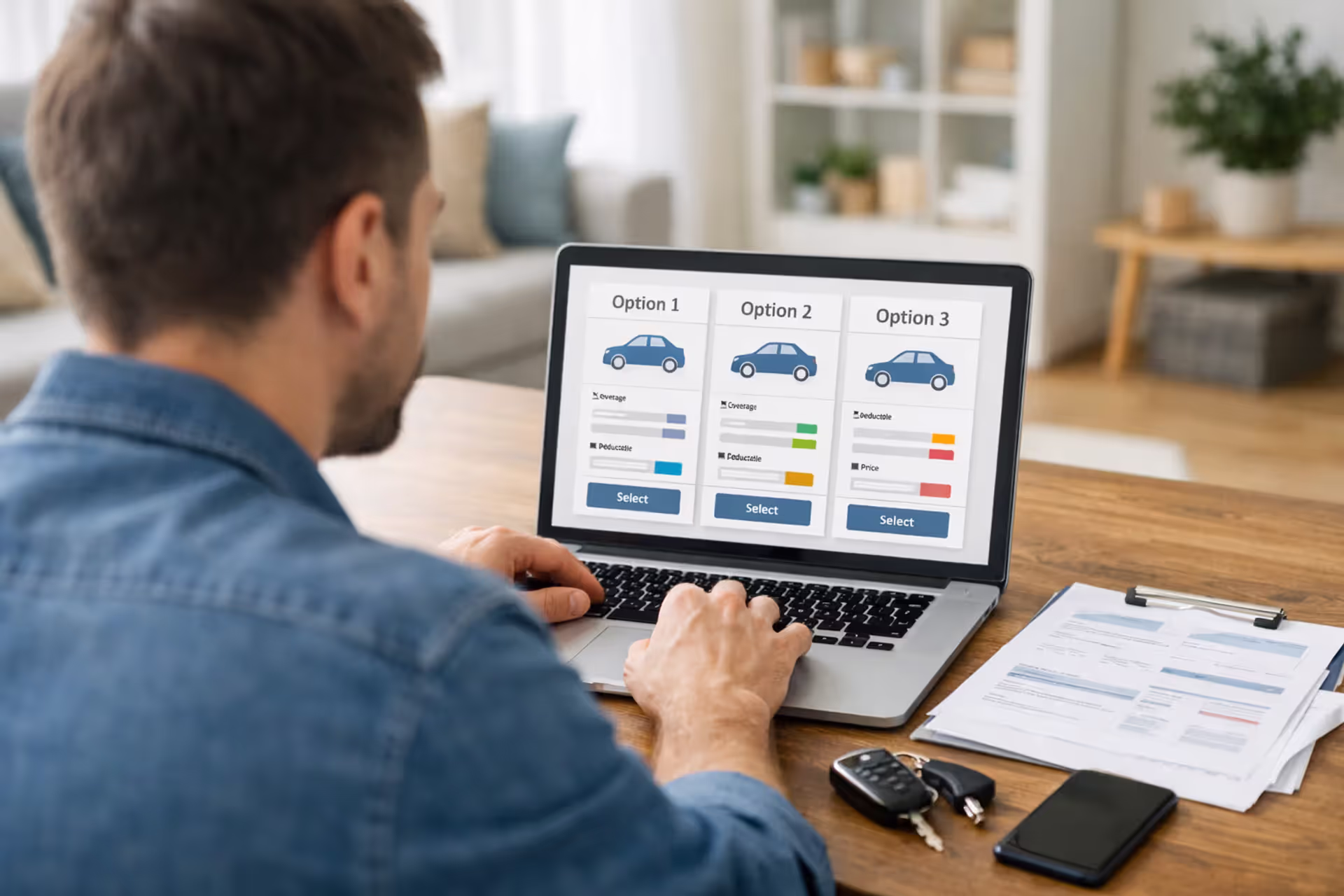 Driver comparing car insurance quotes on a laptop at home