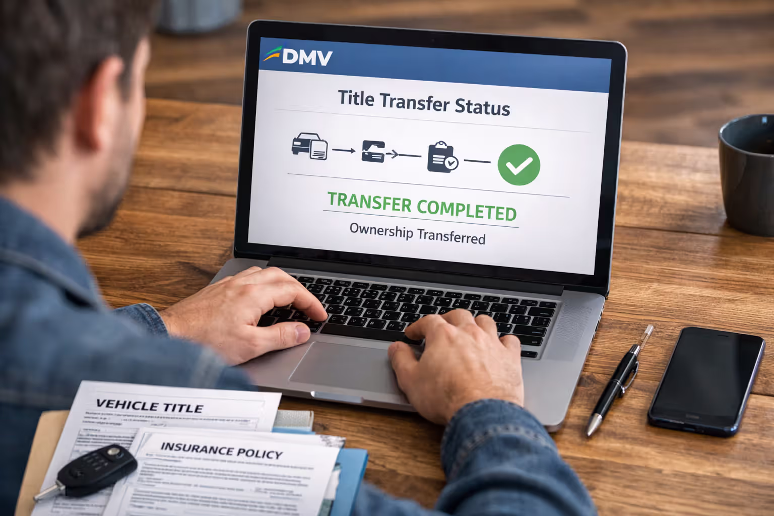 Person checking vehicle title transfer status online with insurance papers