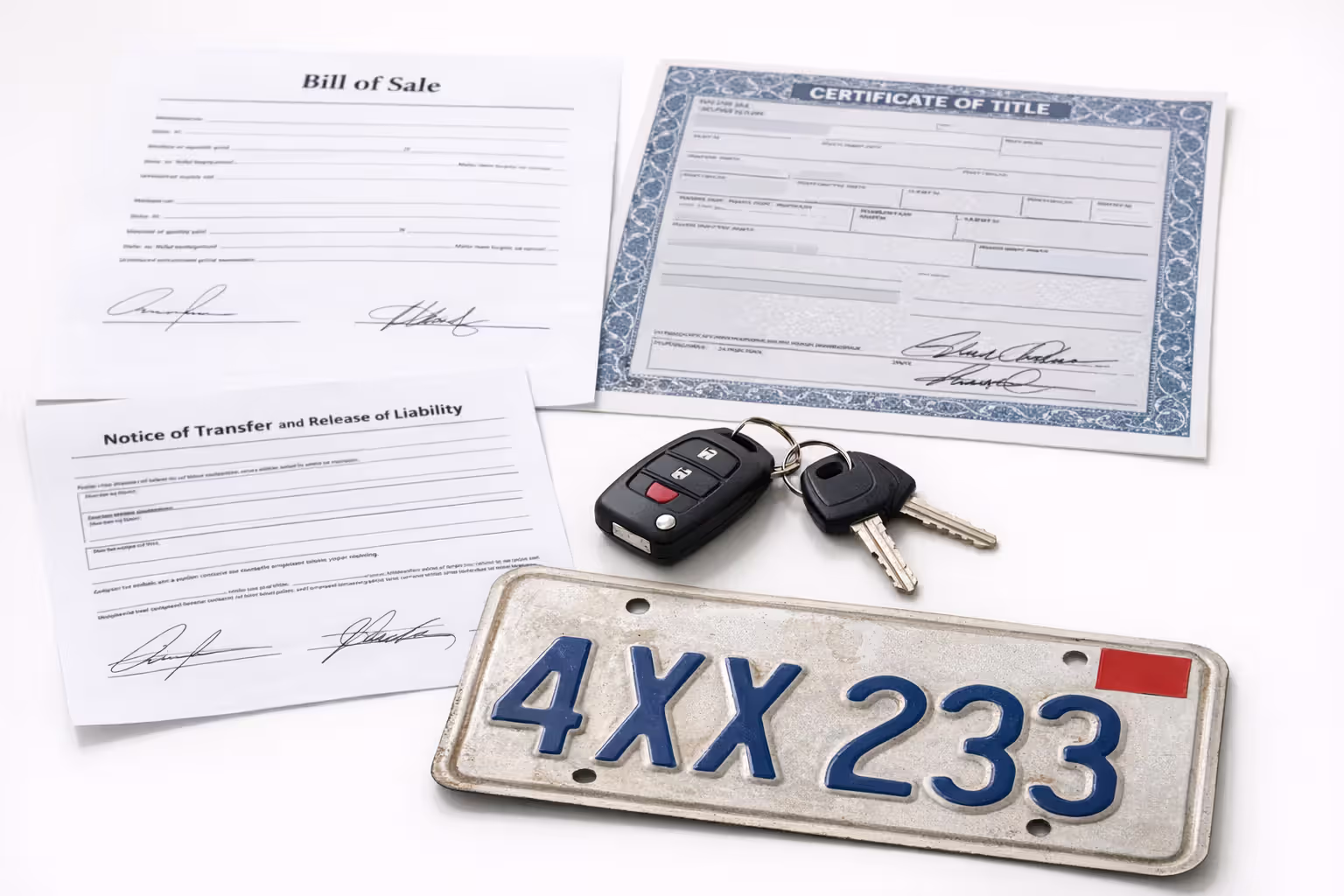 Car sale documents, keys, and removed license plate on a desk