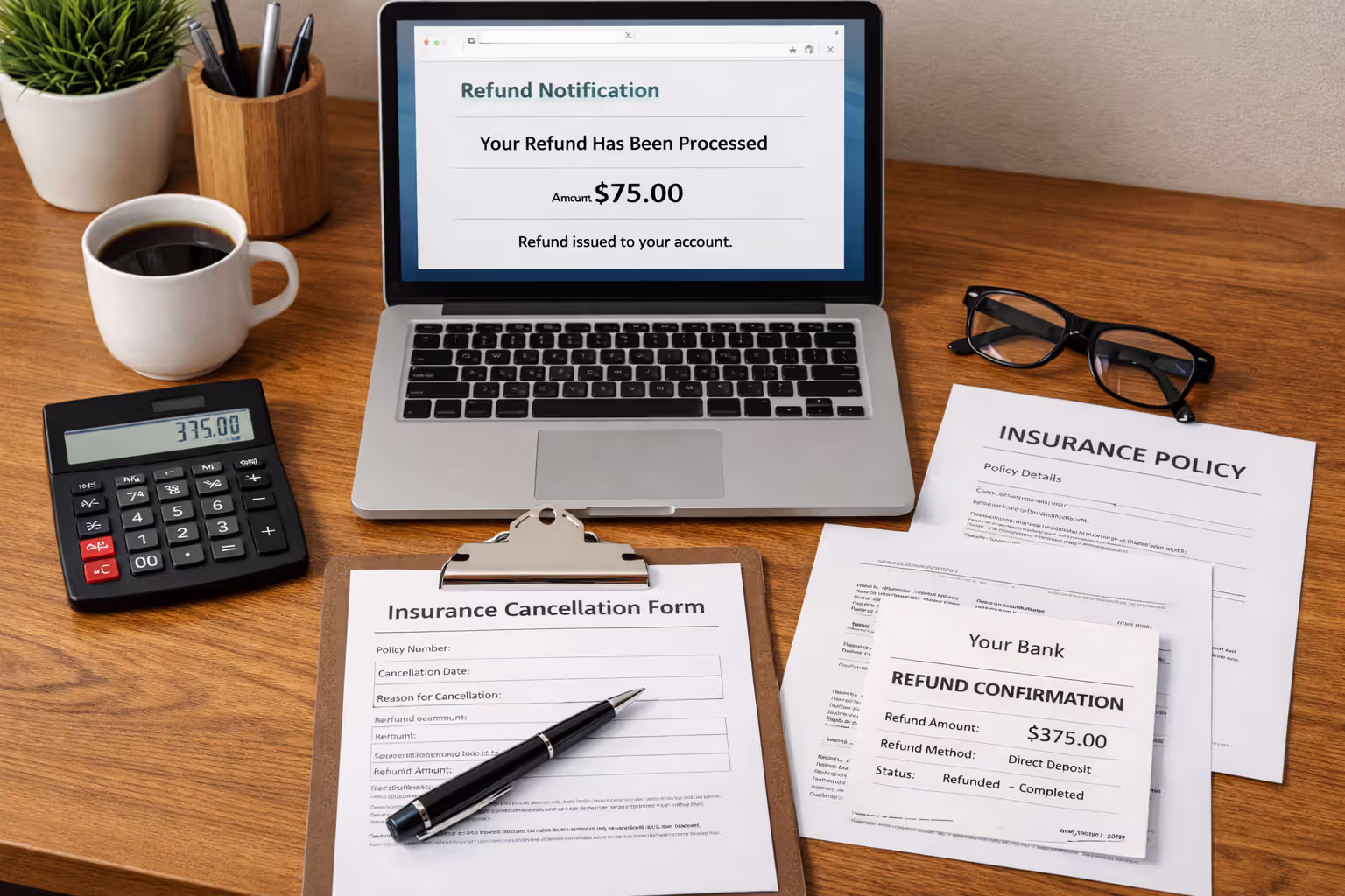 Insurance refund documents and payment confirmation on a desk