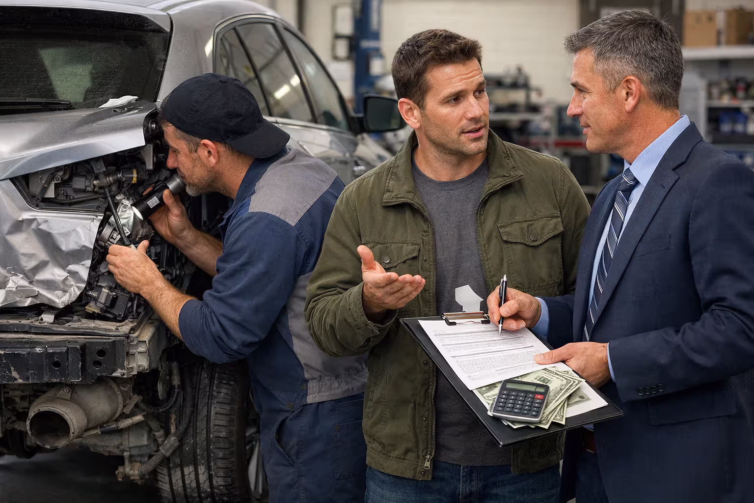 Car insurance claim inspection at repair shop