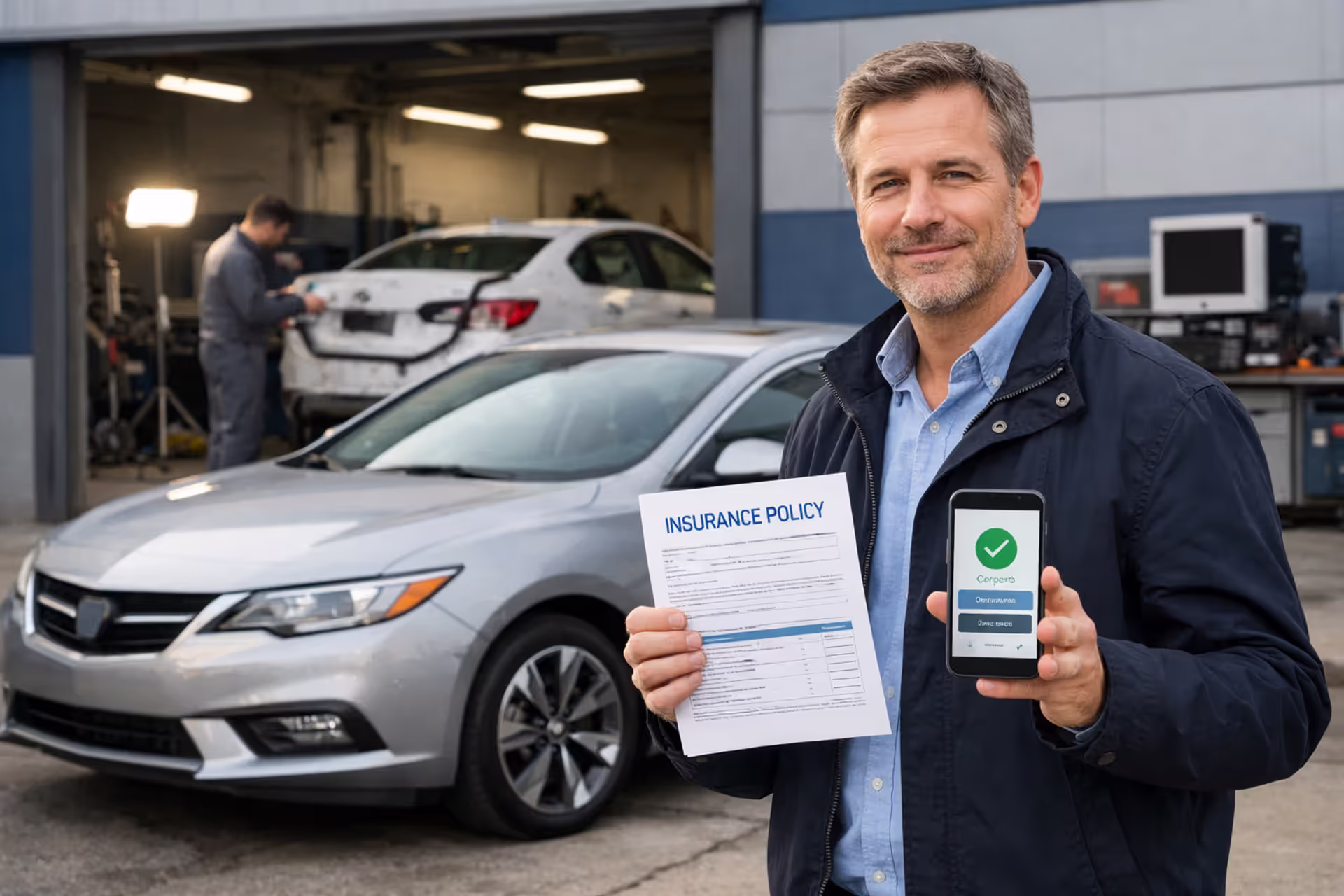 Driver reviewing car insurance policy near auto repair shop