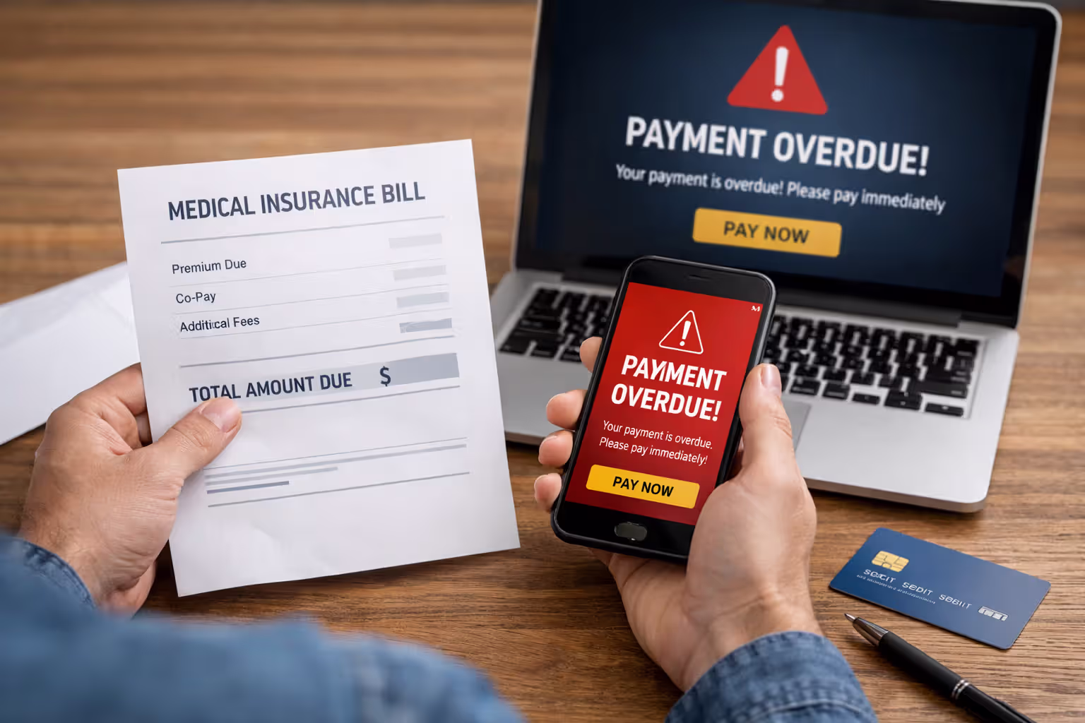 Person reviewing overdue health insurance payment notice at desk