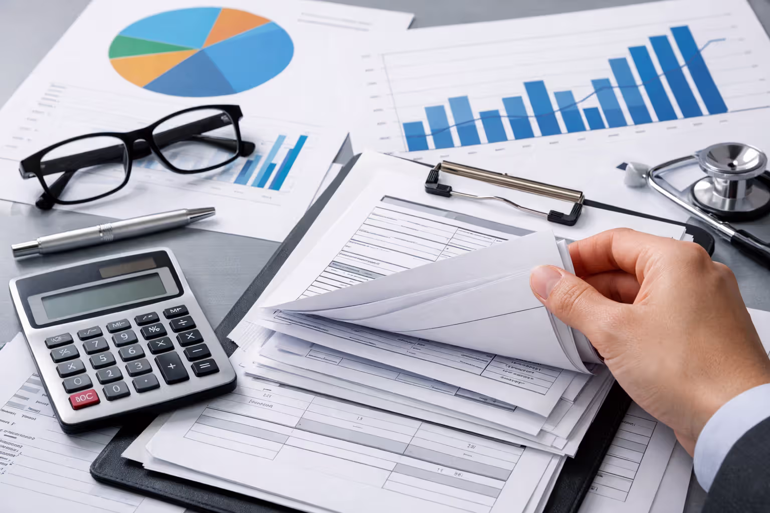 Health insurance administrative costs and medical expense documents on desk