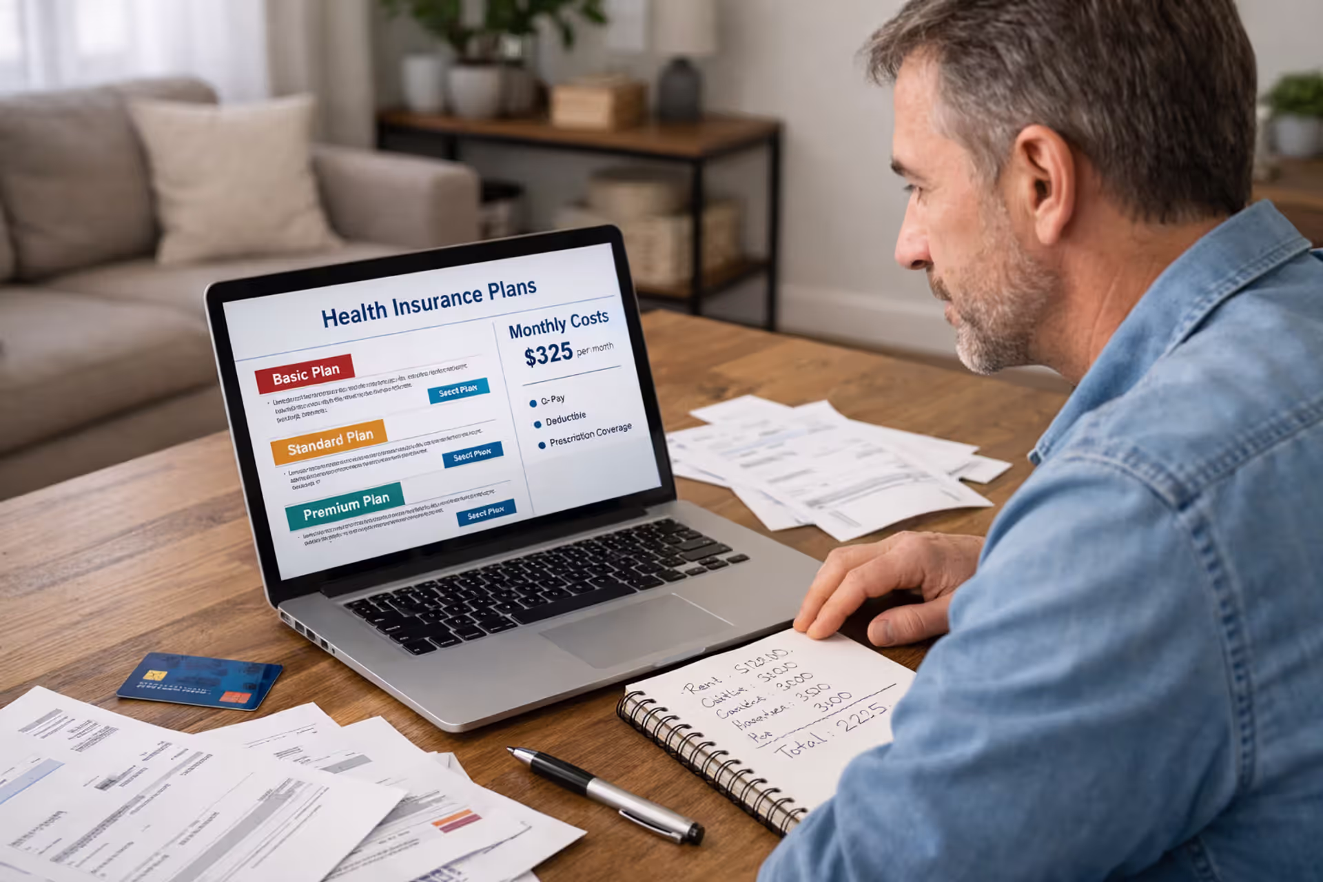 Person reviewing health insurance costs at home with laptop and bills