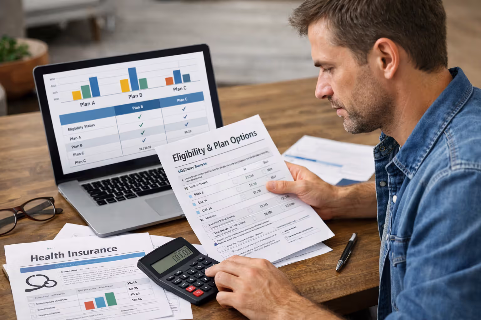 Person calculating health insurance affordability and comparing plan options