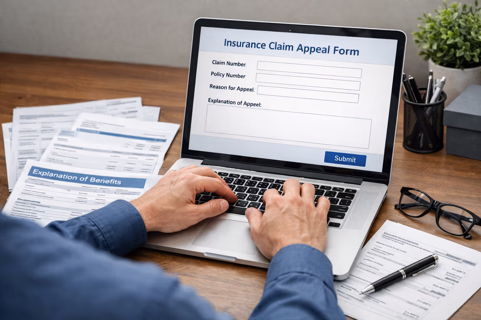 Person reviewing a denied health insurance claim and preparing an appeal