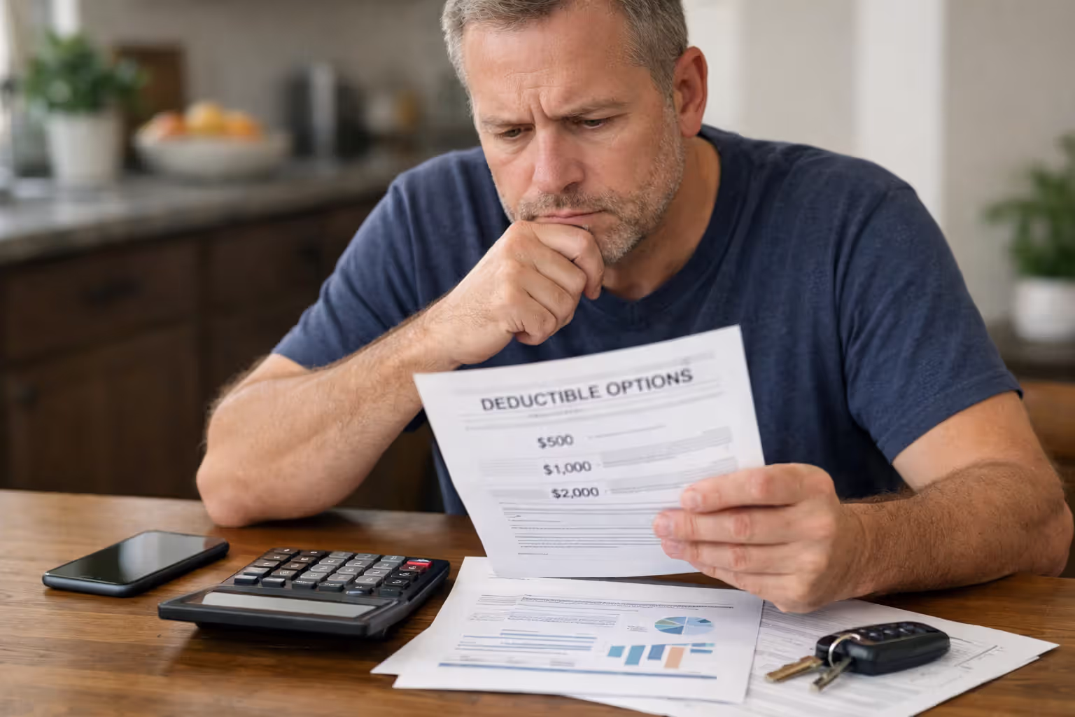 Driver reviewing car insurance deductible options at home