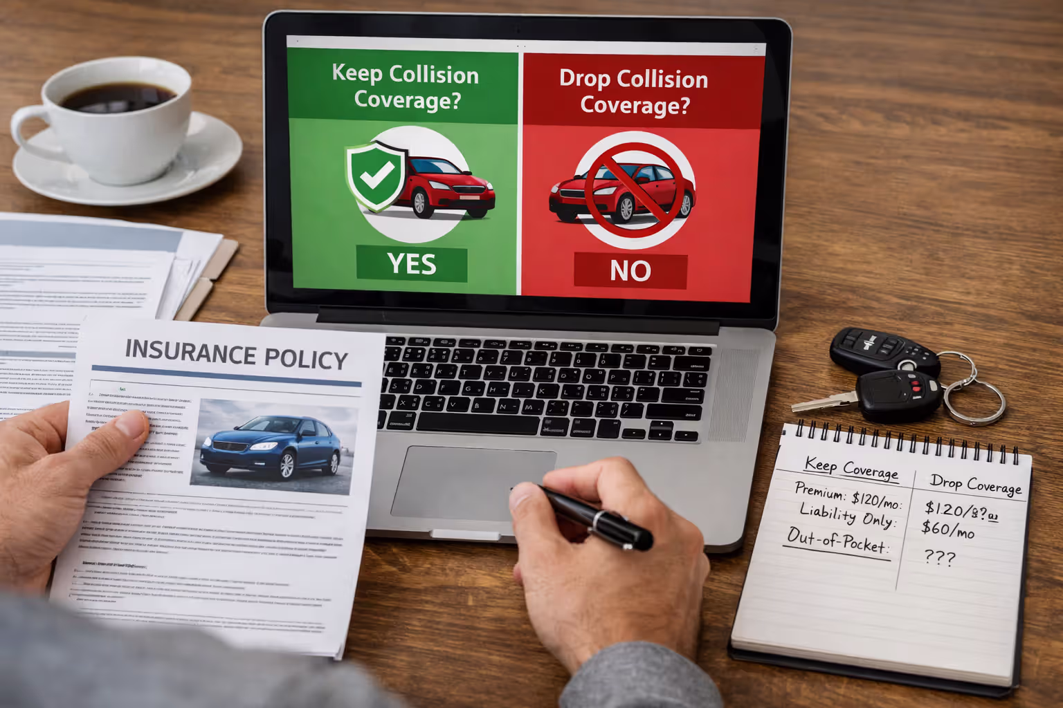 Driver comparing whether to keep or drop collision insurance coverage